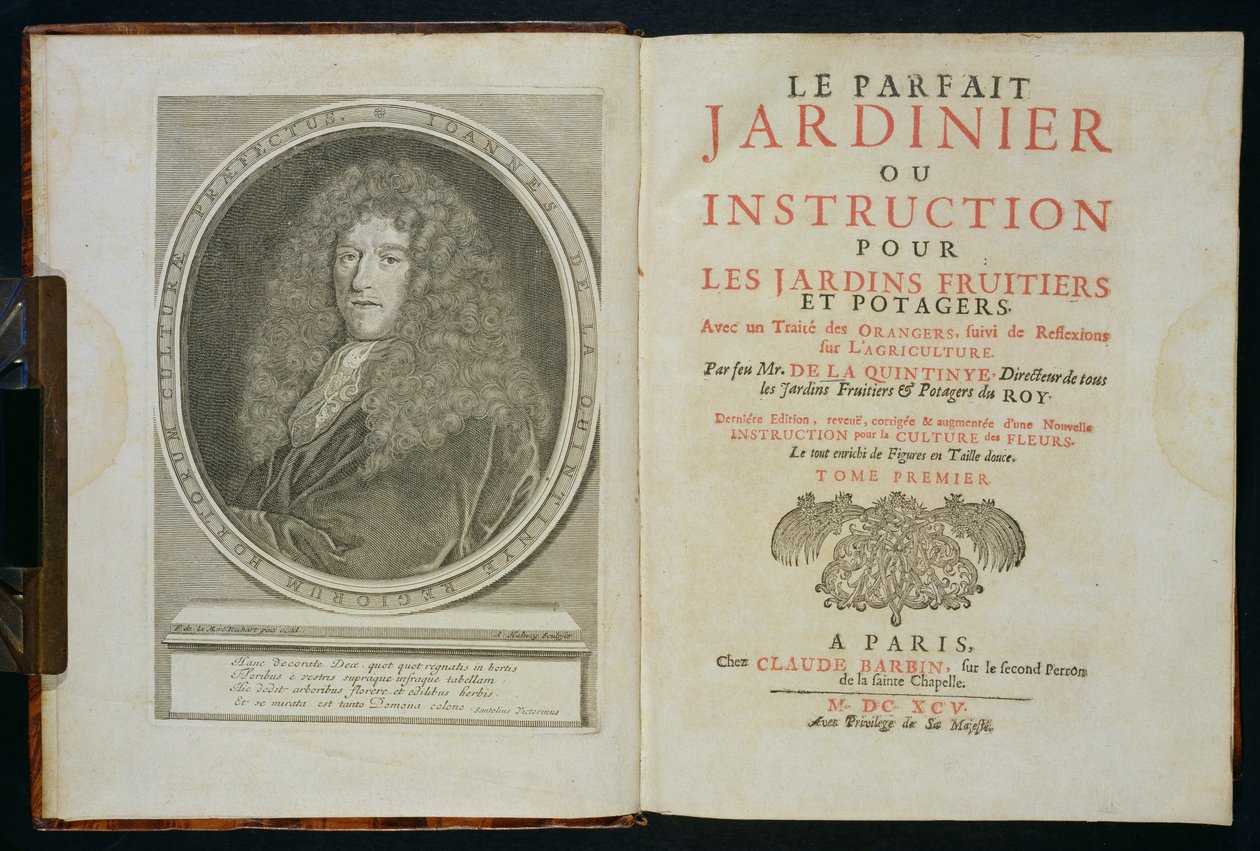 Página de rosto e frontispício de retrato do autor, de O jardineiro perfeito, ou Instrução para jardins de frutas e jardim vegetal, por Jean de la Quintinye, publicado em 1695 de Florent Richard de Lamarre