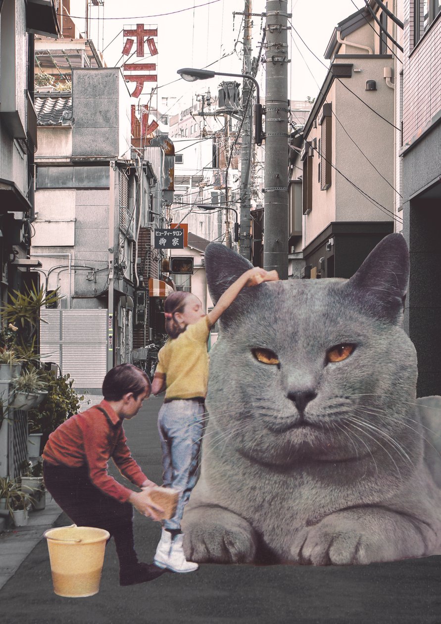 Crianças lavando um gato gigante nas ruas de Tóquio de Florent Bodart