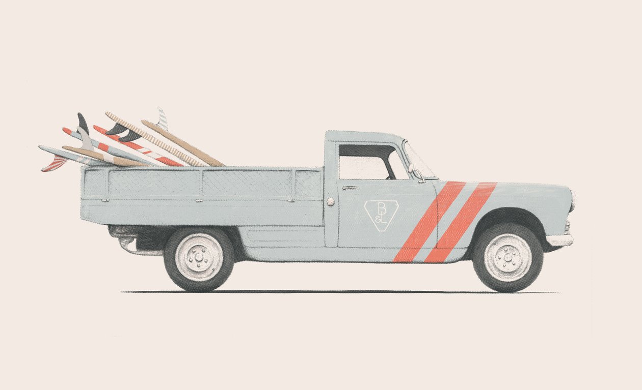 Carro de recolha com pranchas de surf, 2019 (lápis, digital) de Florent Bodart