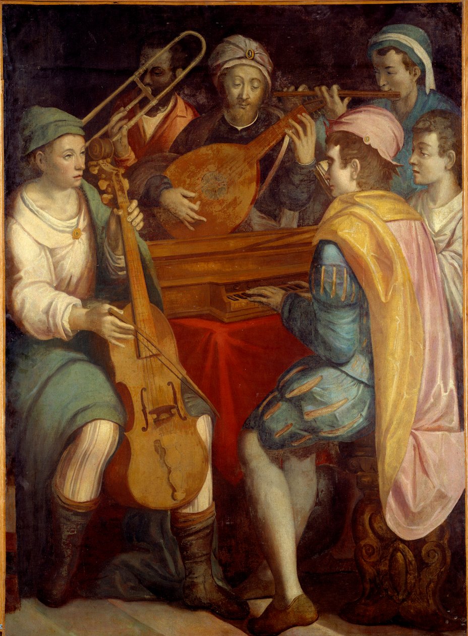 Concerto Alaúde músicos, epinette, trombone e viola de gamba. Pintura anónima da Escola Florentine 1550-1600. Sol 1,8x1,3 m de Florentine School
