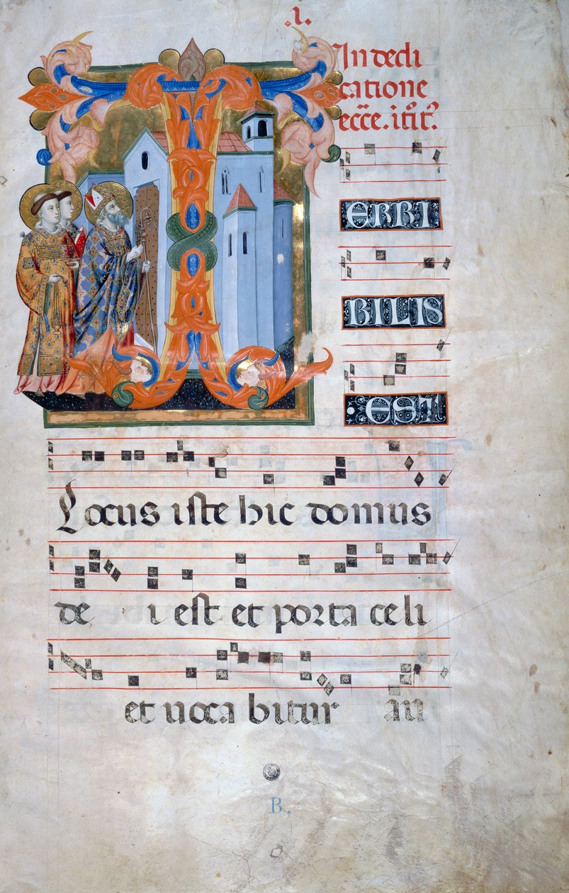 Inicial iluminada com um bispo abençoando uma igreja (Corale 2, c. 1), para o livro coral 2 de Santa Maria degli Angeli de Florentine School