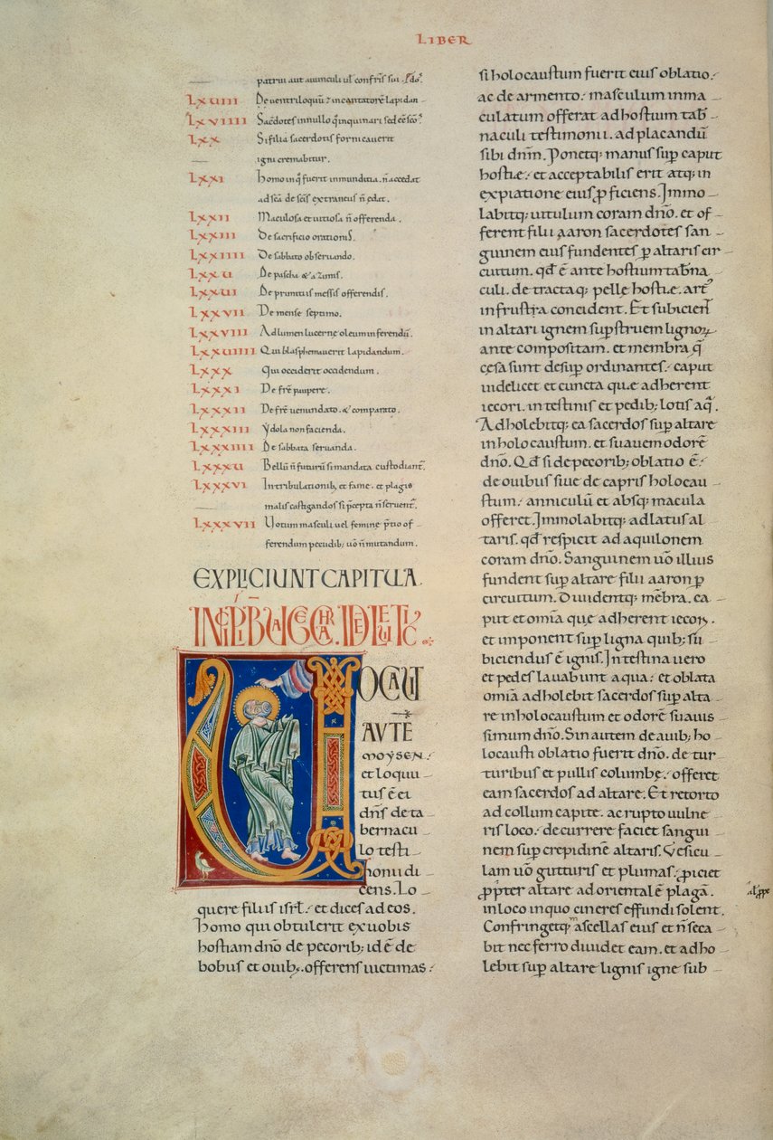 Página da Bíblia de Corbolino com a inicial representando Deus falando a Moisés (Cód. Conventi Soppressi 630, c. 52v), manuscrito de Florentine School