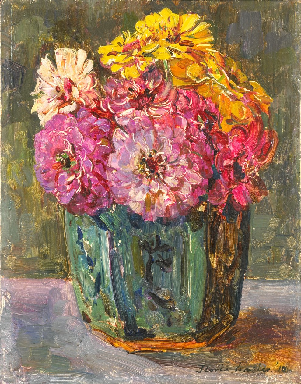 Stillife com zinnias em um pote de gengibre. de Floris Verster