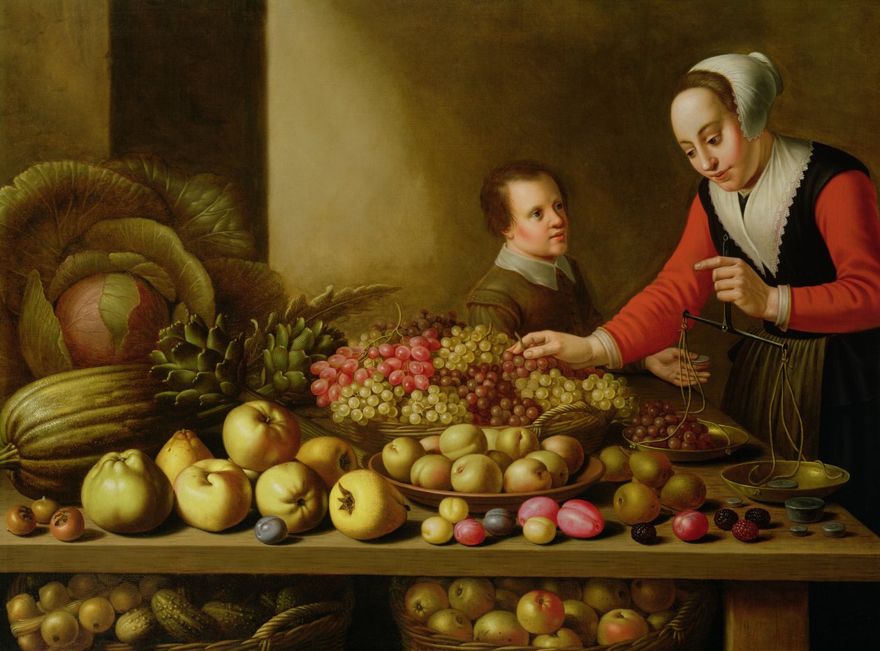 Menina, vender, uvas, de, um, grande, tabela, laden, com, fruta, e, legumes de Floris Gerritsz van Schooten