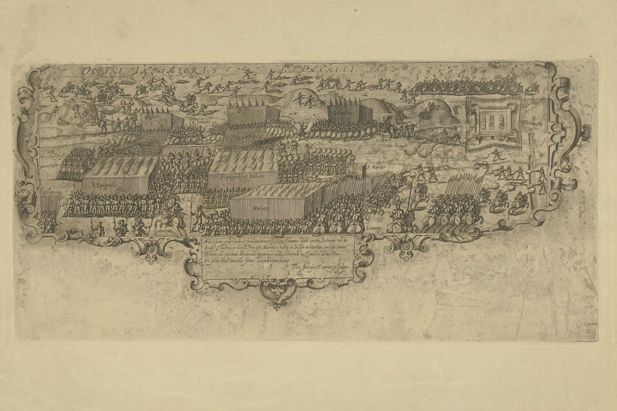 Batalha do Leffingedijk entre as tropas do Estado de Ernst Casimir de Nassau e os espanhóis de Albrecht da Áustria, 1600 de Floris Balthasarsz. van Berckenrode