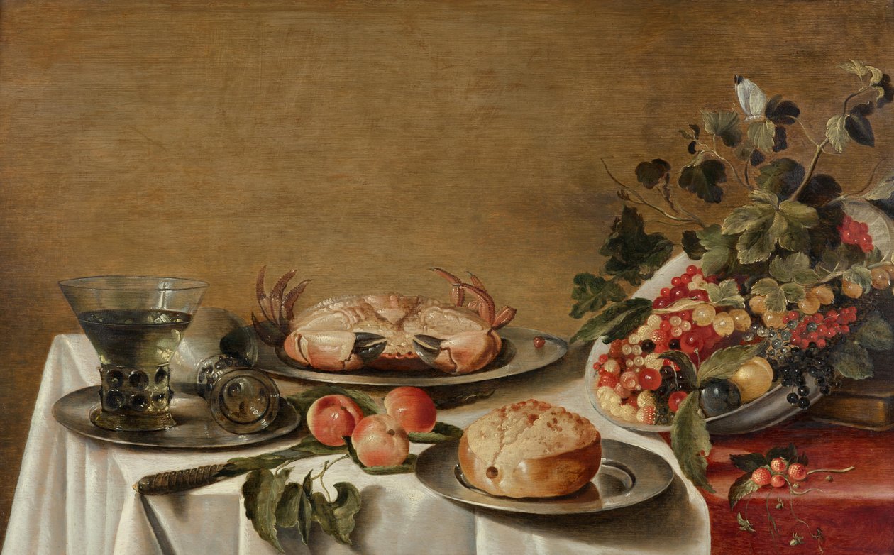 Natureza morta com fruta, caranguejo e pão de Floris Gerritsz van Schooten