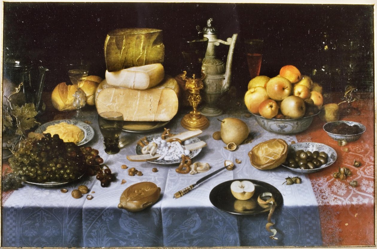 Holandês: Natureza morta com fruta, queijo, pão e vinho Mesa posta com queijo e fruta de Floris van Dyck