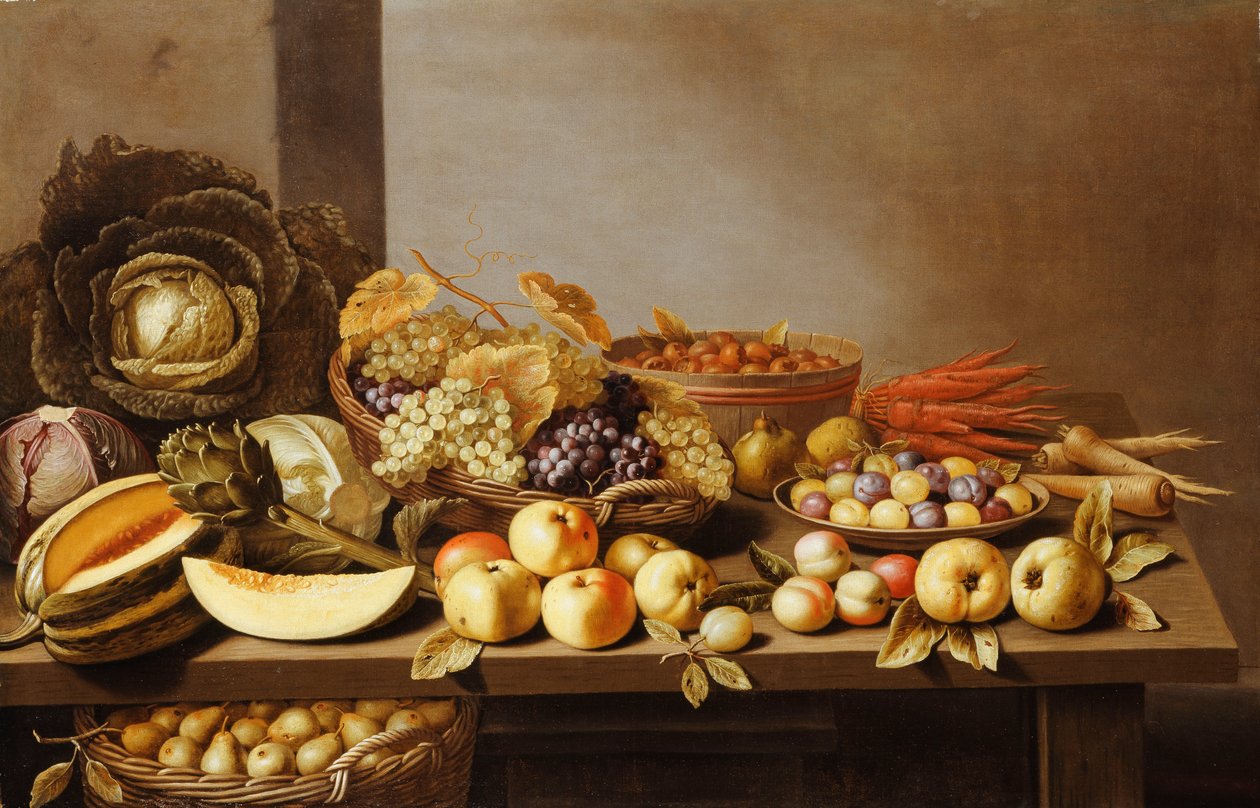 Tigelas de frutas e nozes em uma mesa de madeira com uma cesta de peras por baixo, de Floris Gerritsz van Schooten