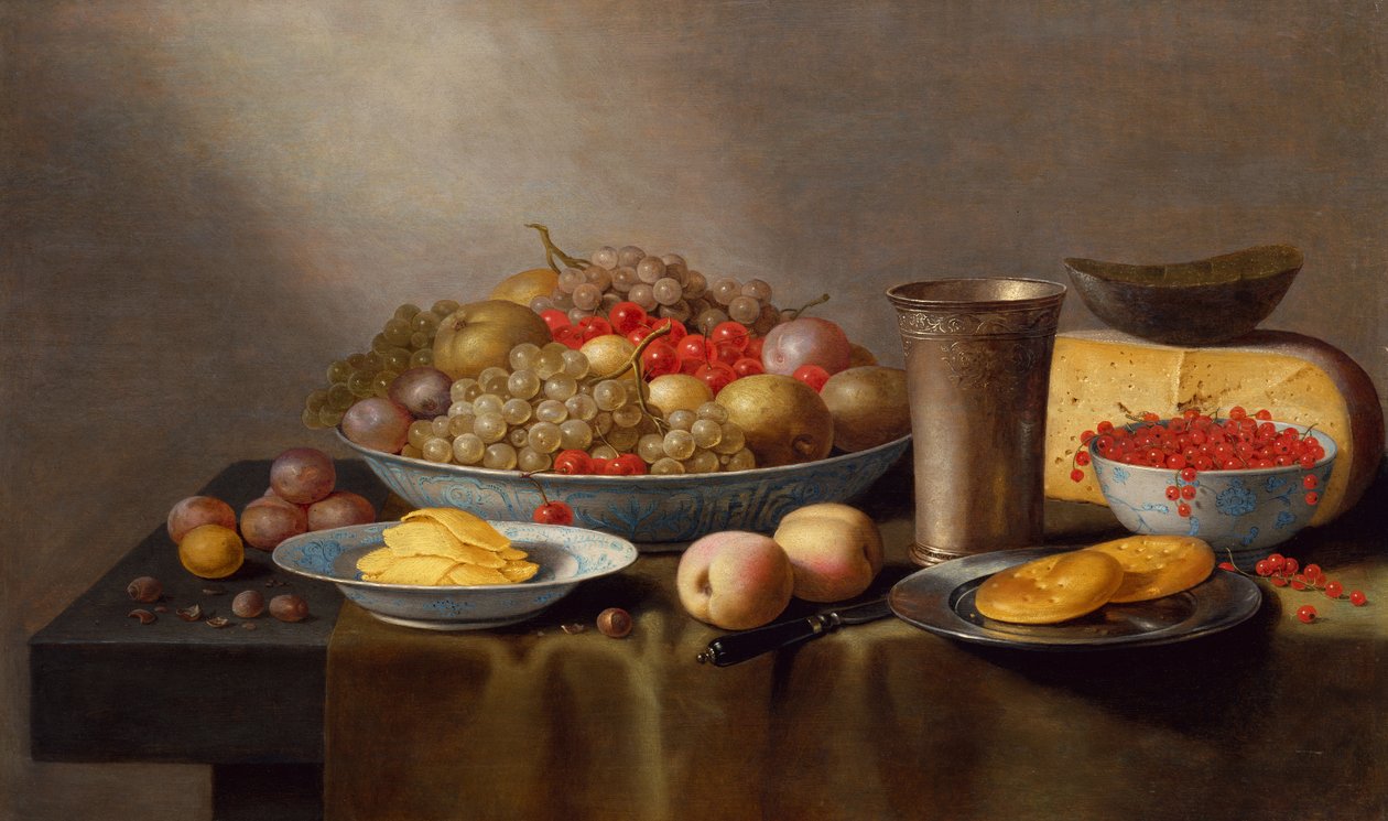 Natureza Morta com Fruta, Queijo, Pão e um Goblet (óleo em painel) de Floris Gerritsz van Schooten