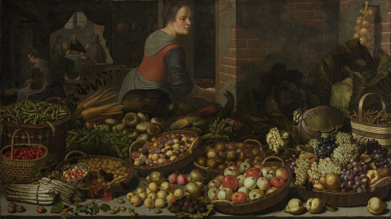 Ainda vida com frutas e legumes, com Cristo em Emaús ao fundo, c. 1630 de Floris Gerritsz van Schooten