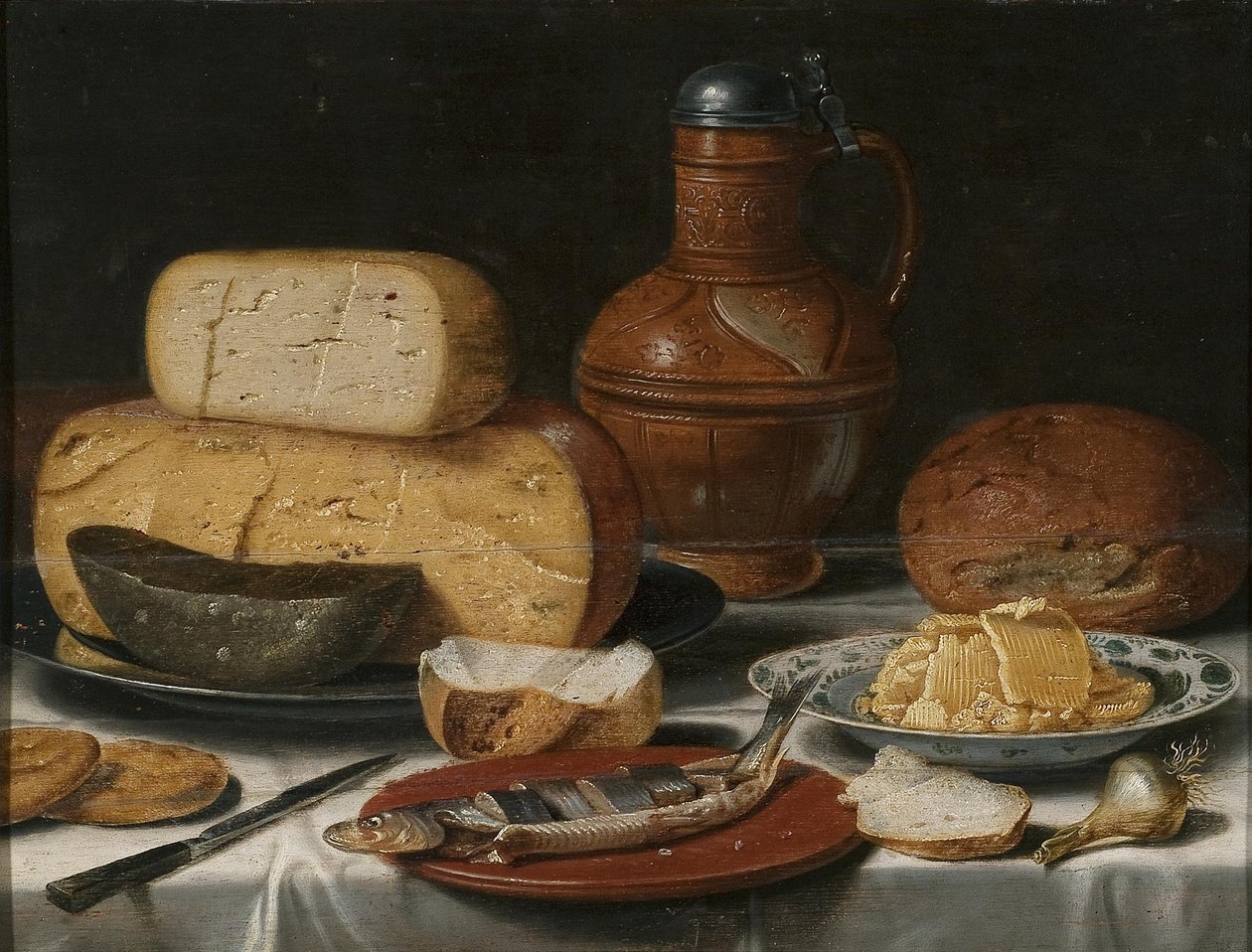 Natureza morta com queijo, arenque, pão e vinho de Floris van Schooten