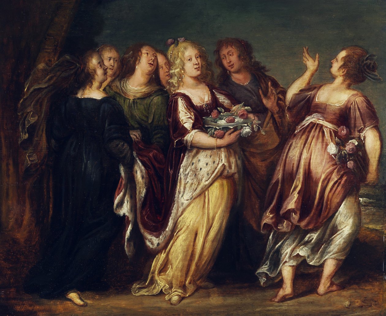Jovem governante na esteira de seis meninas, carregando uma tigela de flores de Follower of Abraham Janssens