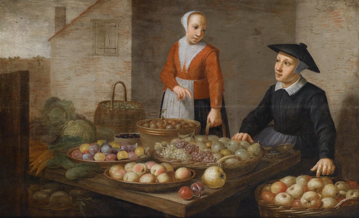Cena do mercado com dois vendedores de frutas e vegetais de Follower of Floris van Schooten