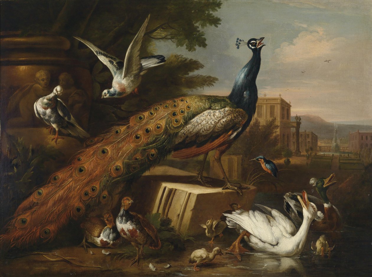 Um pavão cercado por pombos, galinhas e aves aquáticas em um parque do castelo de Follower of Pieter Casteels III