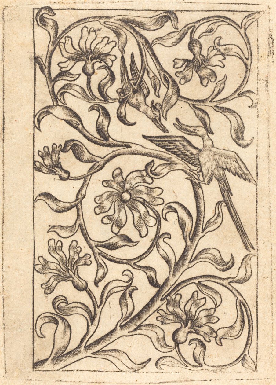 Ornamento de videira com dois pássaros de Follower of Master of the Playing Cards
