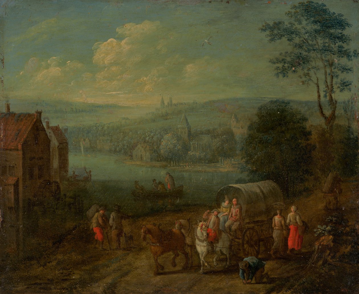 Paisagem fluvial com aldeias e viajantes [verso] de Follower of Peeter Gysels