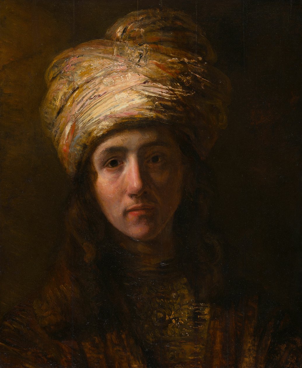 Jovem em um turbante de Follower of Rembrandt van Rijn