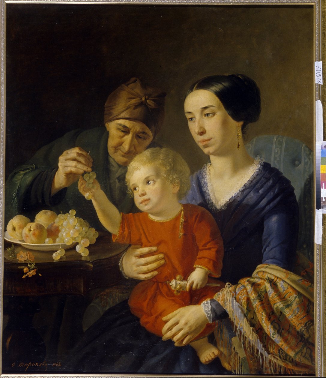 Retrato de Família. Um bebé segurando um guizo, no colo da sua mãe, recebe algumas uvas dadas pela sua avó. Pintura por Foma Gavrilovich Toropov (1821-1898), óleo sobre tela de Foma Gavrilovich Toropov