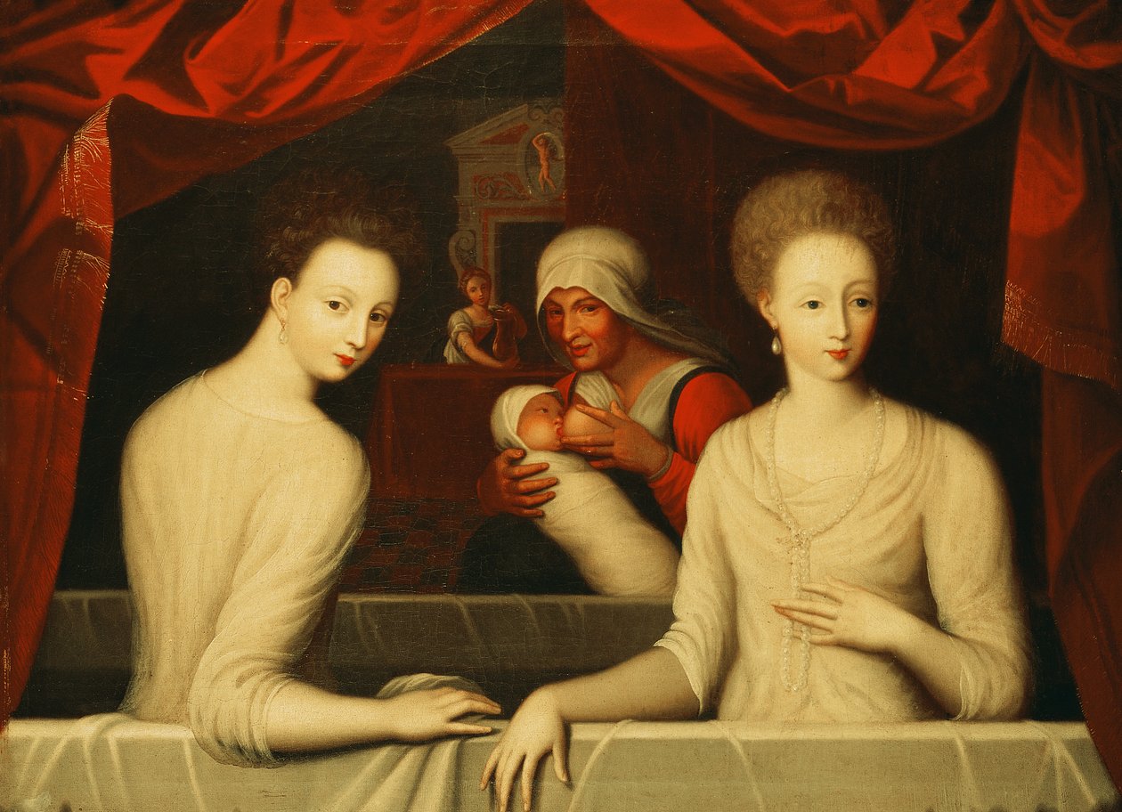 Gabrielle d&39;Estrees (1573-99) e sua irmã, a duquesa de Villars de Fontainebleau School