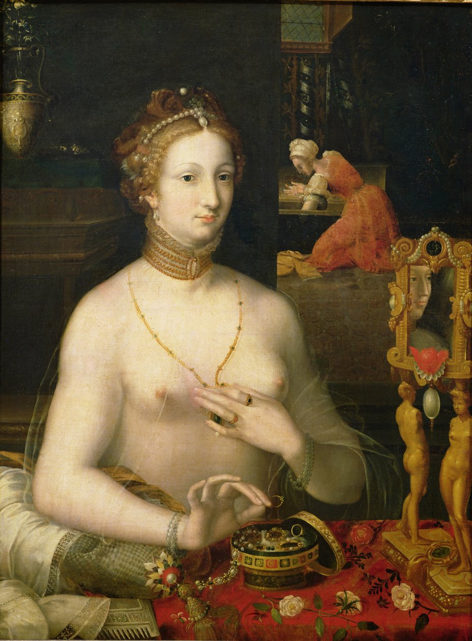 Mulher em seu banheiro, 1585-95 de Fontainebleau School