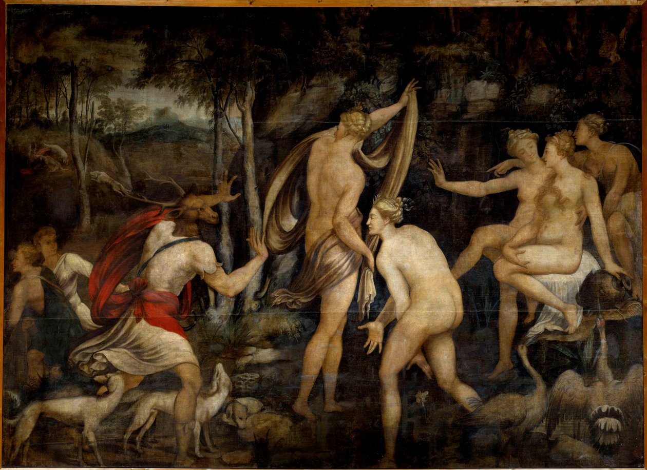 Diane (Artemis), deusa da caça, e Acteon, caçadora Pintura da Escola de Fontainebleau (século XVI). Dim 2,65 x 3,67 m de Fontainebleau School