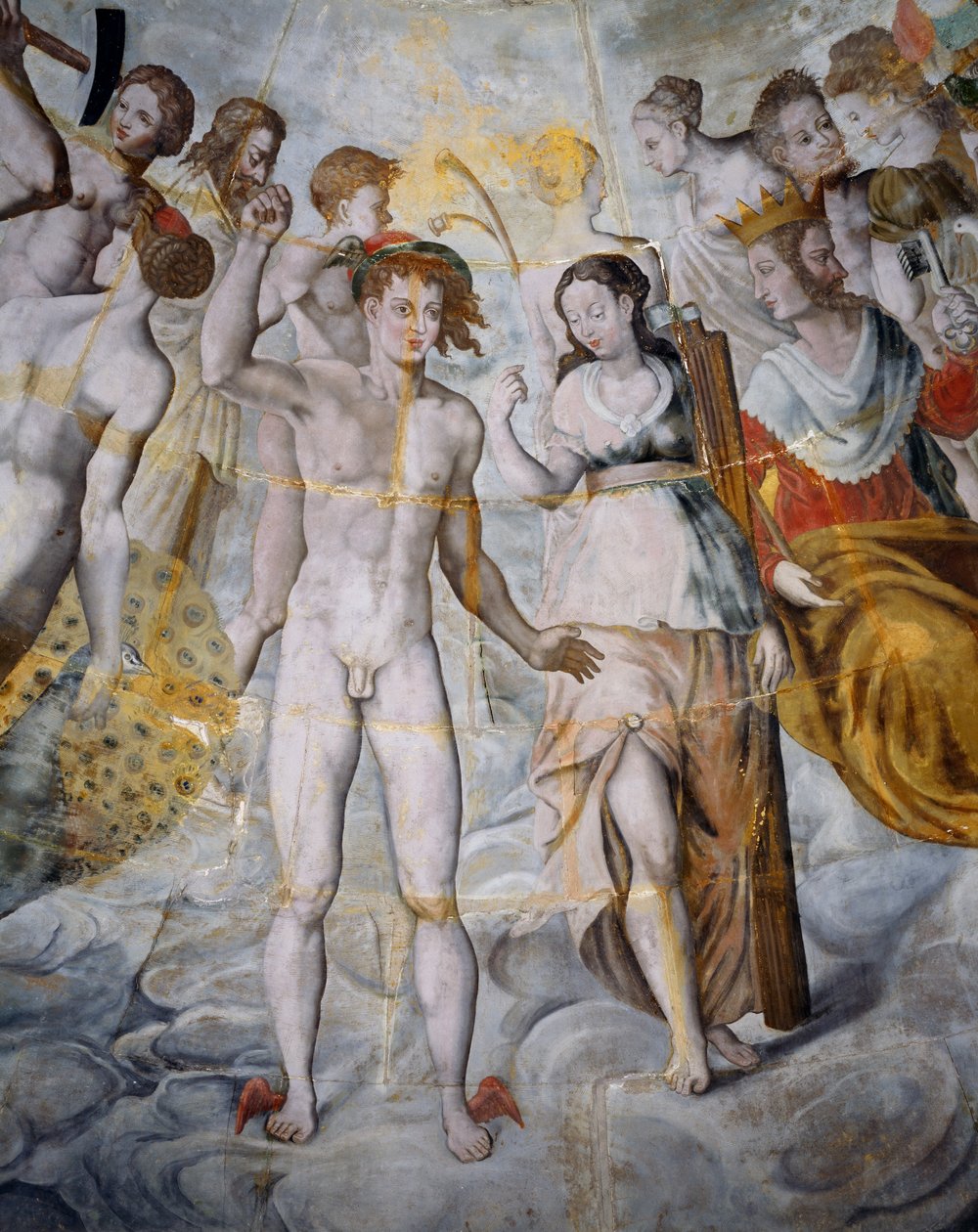 Mercúrio, mensageiro dos deuses e Psique, Janus à direita, frescos na torre dourada da Ligue, Escola Fontainebleau, Castelo de Tanlay (séc. XVI-17), Borgonha, França de Fontainebleau School