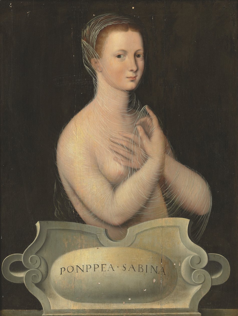 Retrato de Poppaea Sabina, a meio comprimento, com um véu transparente, em frente de uma cartela de pedra (óleo sobre painel) de Fontainebleau School