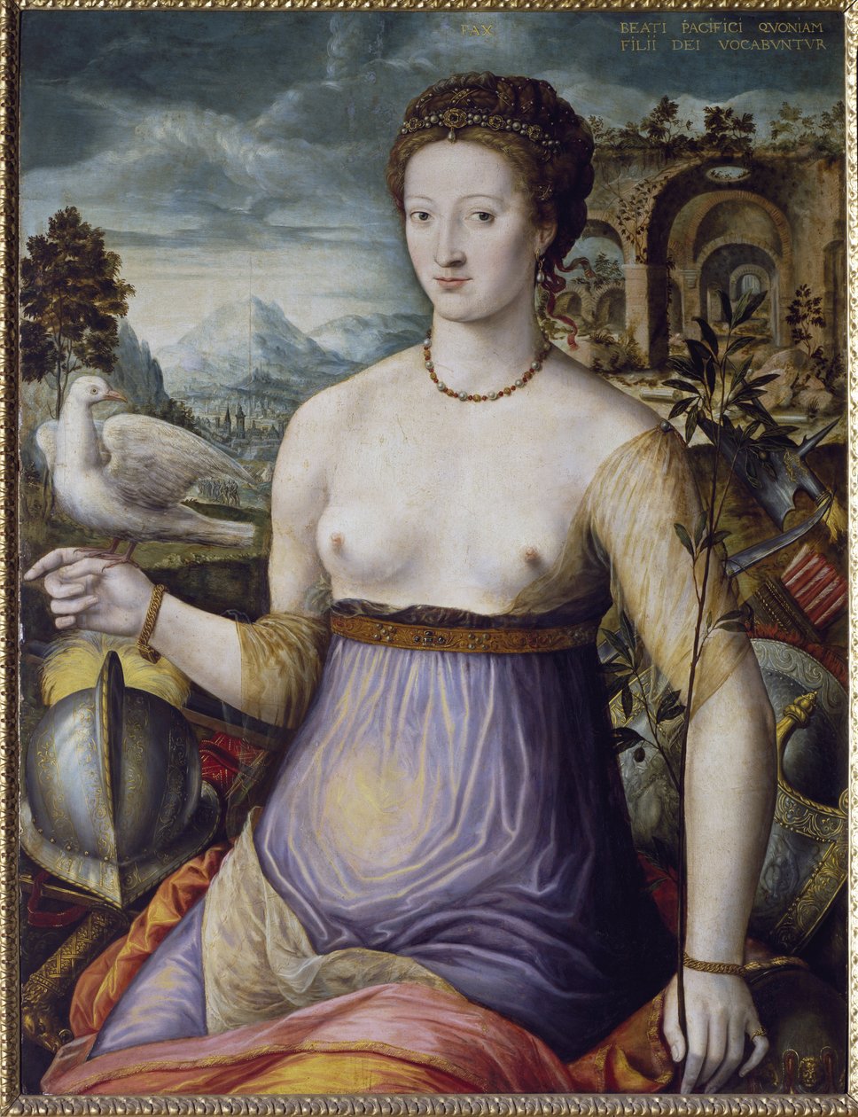 A alegoria da Paz, ou Diane de Poitiers com um retrato de pomba da duquesa de Valentinois Diane de Poitiers (1499-1566), favorita do rei Henrique II da França. Pintura da Escola de Fontainebleau, século XVI. Florença, Museo Nazionale del Bargel de Fontainebleau School