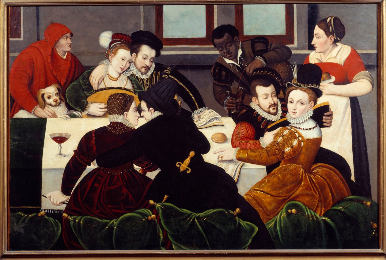 A refeição galante Casais Enlaces, um servo de pele negra. Pintura da Escola de Fontainebleau. Século XVI Aix en Provence, Musee Granet de Fontainebleau School