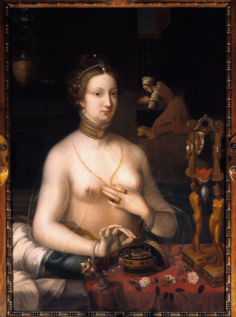 A senhora tem a sua pintura de casa de banho da Escola de Fontainebleau. Por volta de 1560. Dim. 1,05 x 0,76 m. Dijon, Museu de Belas Artes de Fontainebleau School