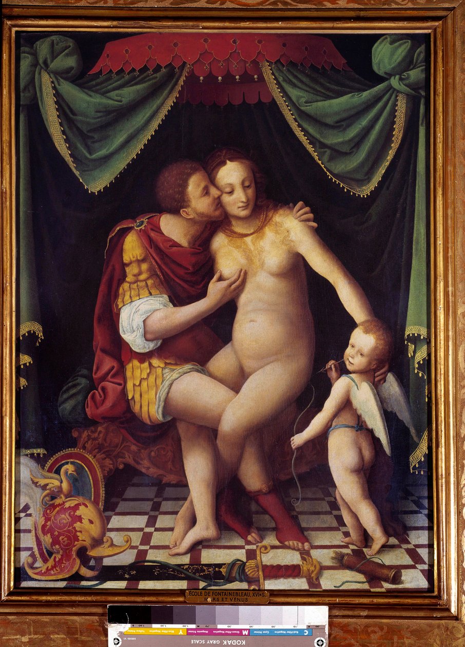 Vénus e Marte Representação das duas divindades a beijarem-se. Pintura da Escola de Fontainebleau. do século XVI de Fontainebleau School