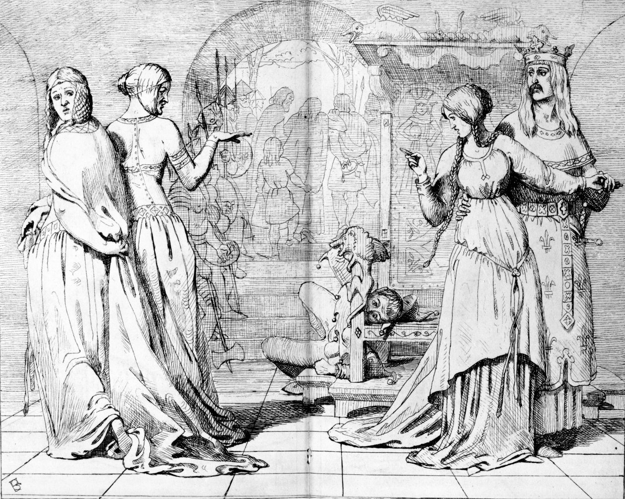 Cordelia afastou-se de Goneril e Regan, ilustração de "The Germ", 1850 de Ford Madox Brown