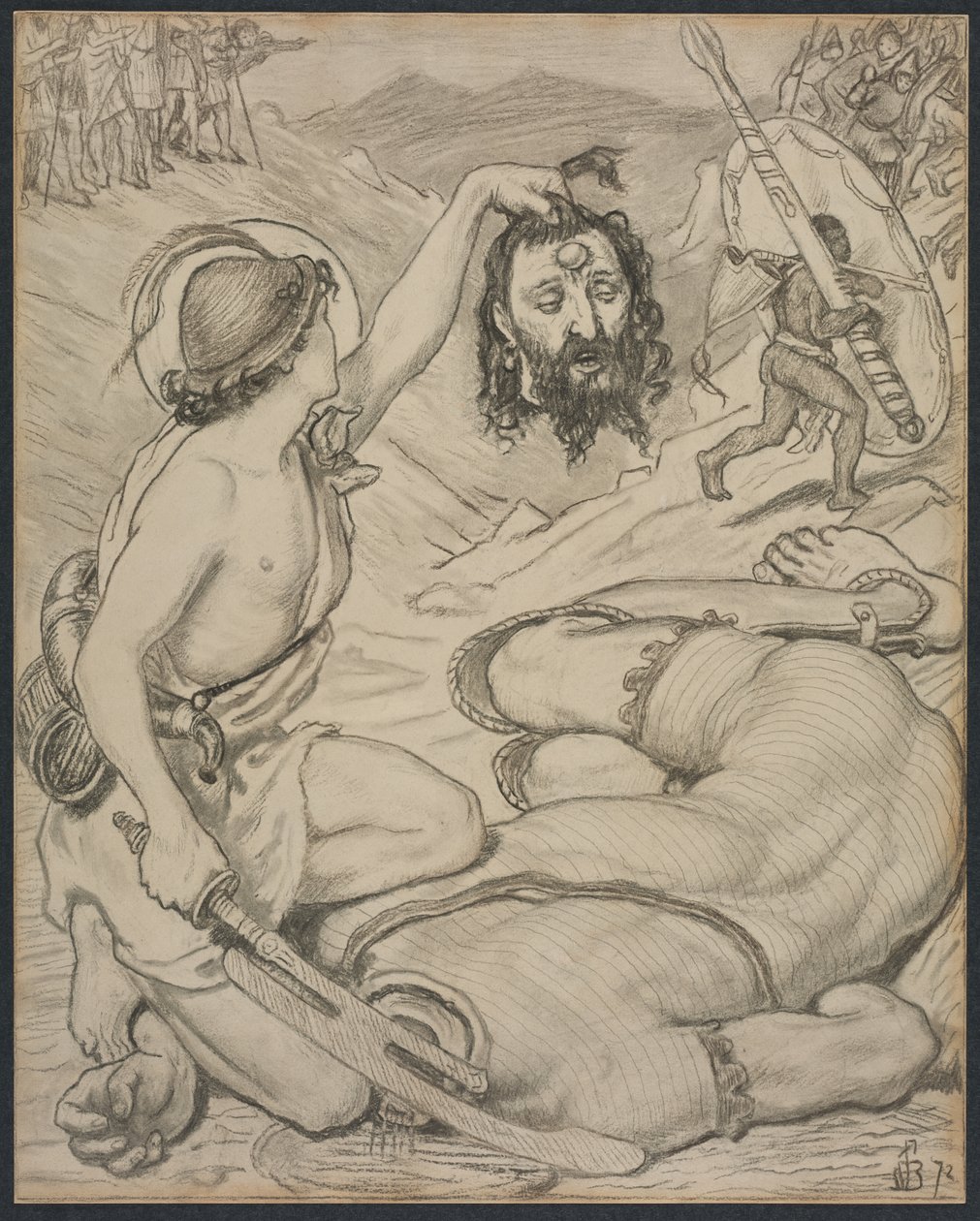 David and Goliath, Cartoon for Stained Glass Window no Jesus College, Cambridge de Ford Madox Brown