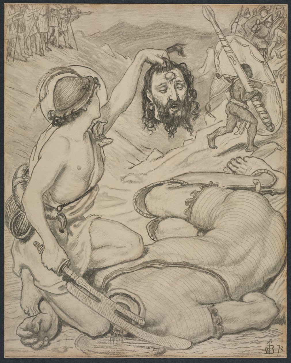 David e Golias, desenho animado para vitral em Jesus College, Cambridge, 1872. de Ford Madox Brown