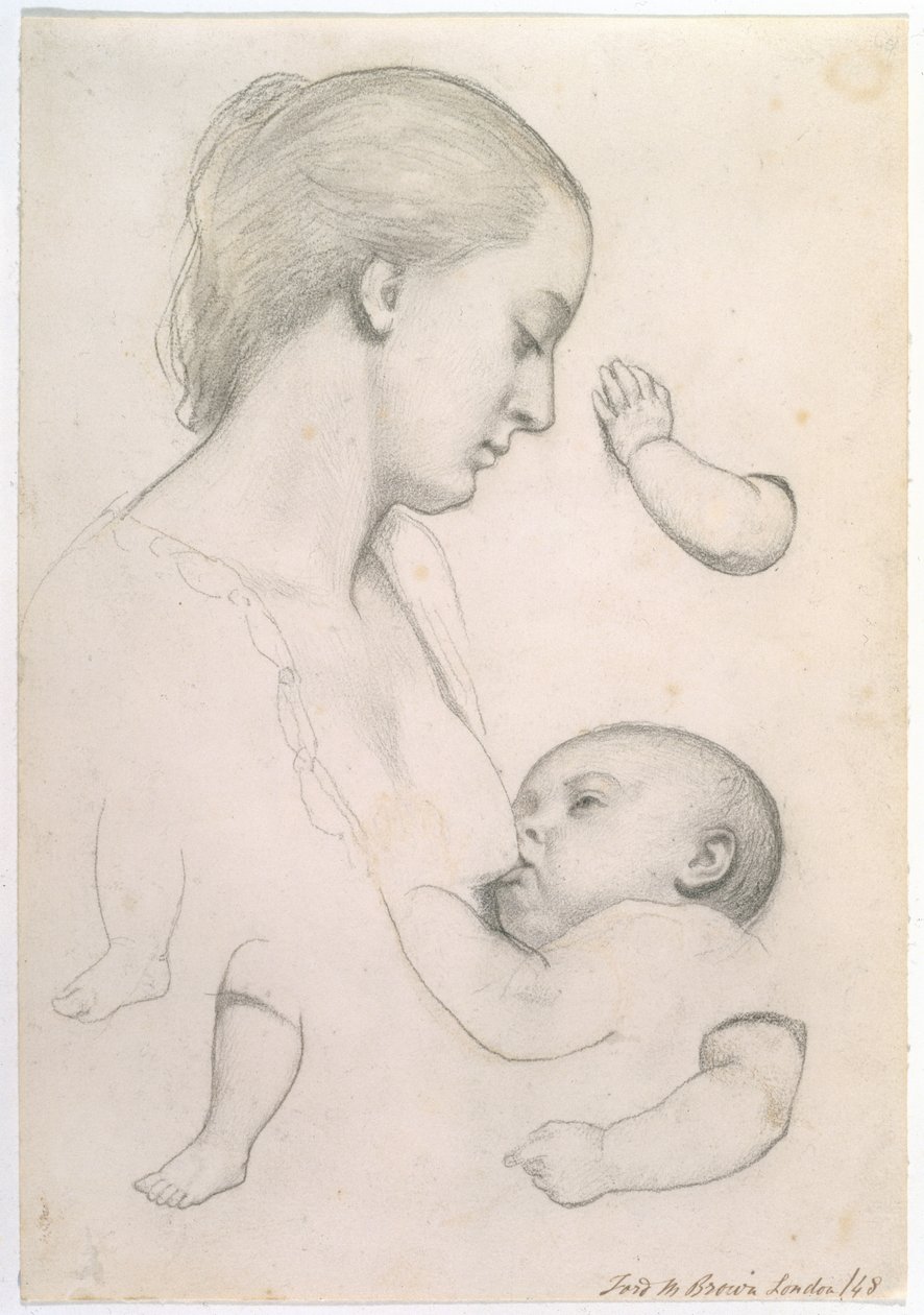 Repasto do bebê - estudo de mãe e filho com estudos separados de braço e perna da criança, 1848 de Ford Madox Brown