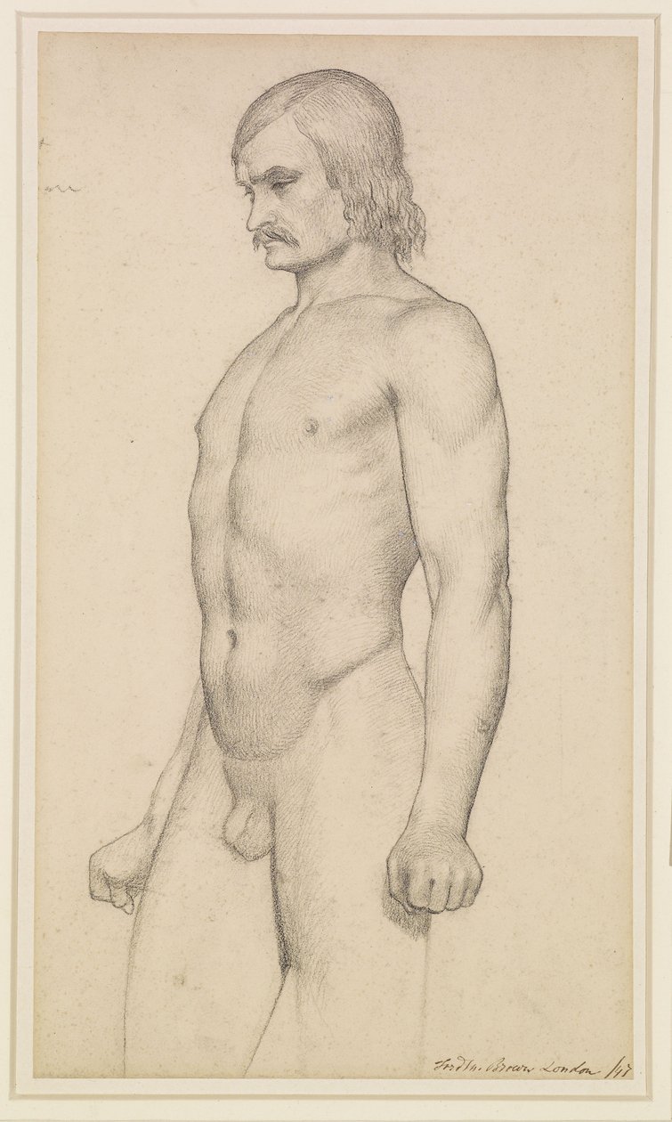 Nu masculino - Estudo académico, nu a três quartos, com bigode e punhos cerrados de Ford Madox Brown
