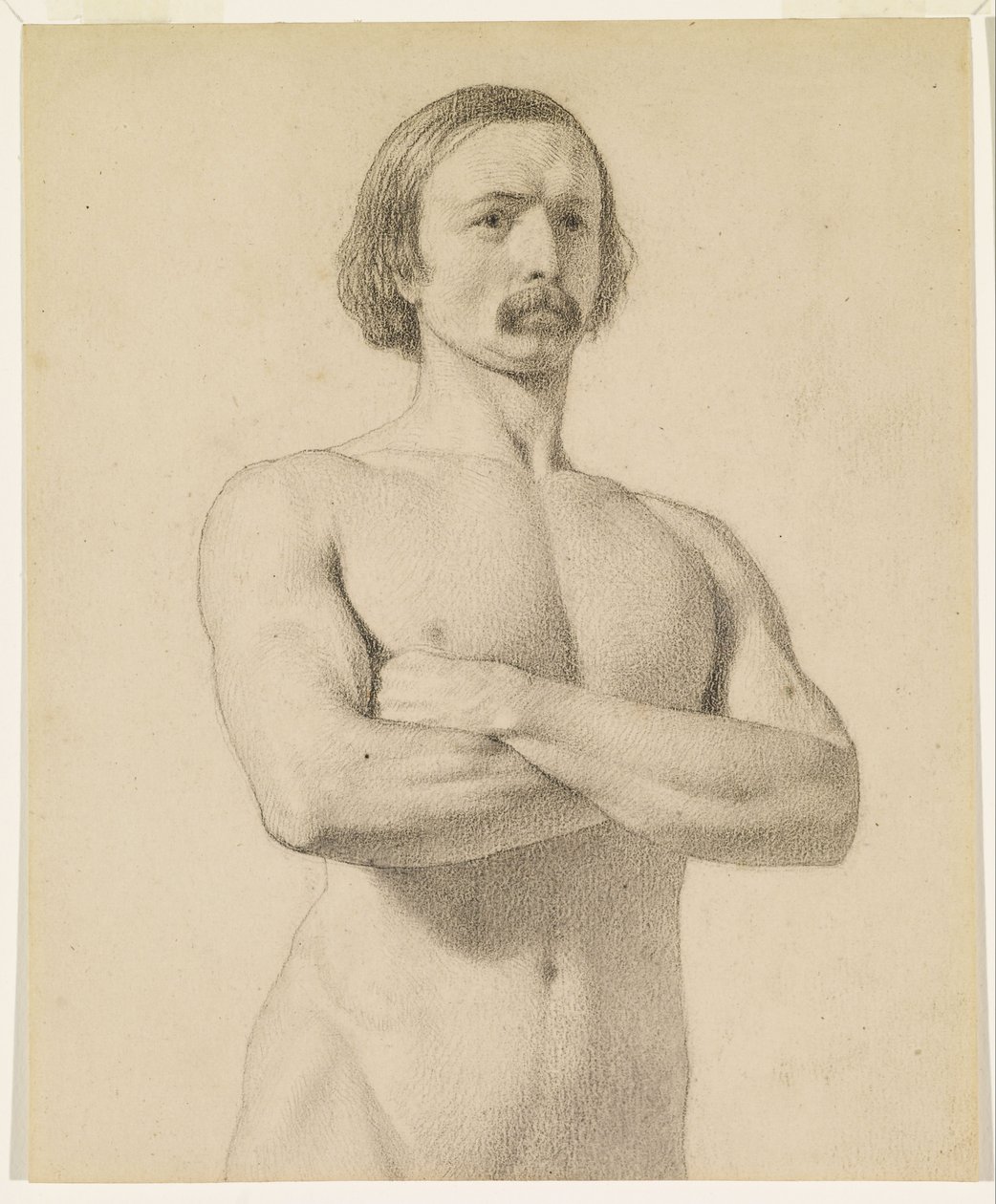Nu masculino - Estudo de nu académico, a meio comprimento, com bigode e braços cruzados de Ford Madox Brown
