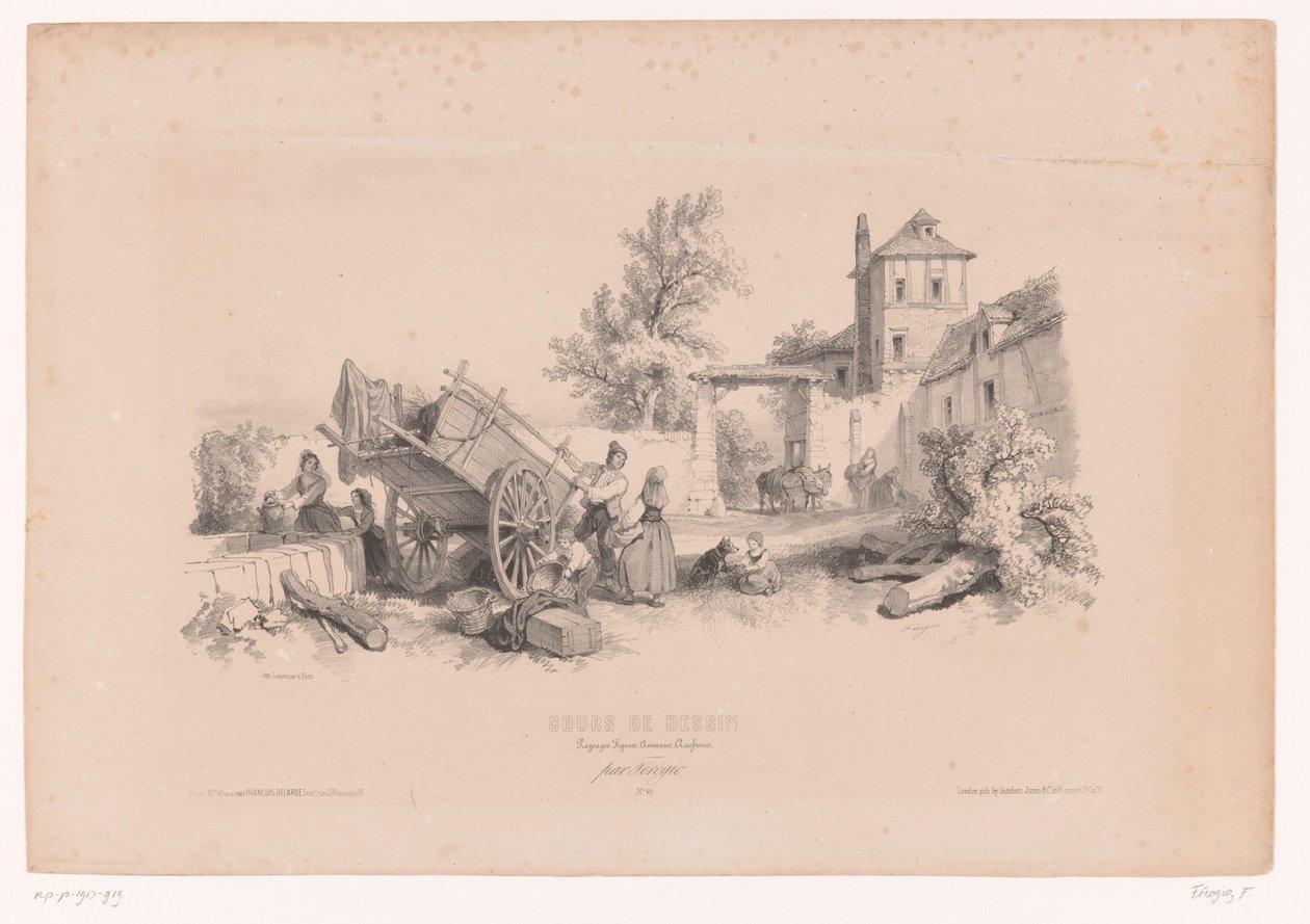 Fazenda com poço, carroça de feno e várias figuras Curso de desenho com estudos de paisagens, animais e detalhes (título da série) Curso o projeto. Paysages, figures, animaux, Accessories, de Férogio (título da série no objeto) de Fortuné Ferogio