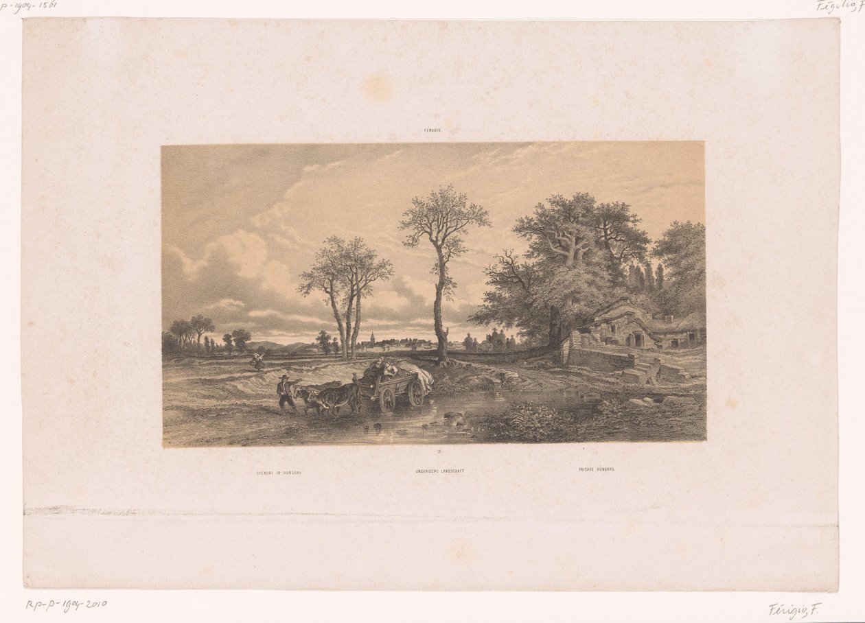 Carro agrícola com bois numa paisagem húngara
Cenografia na Hungria / Ungarische Landschaft / Paisage Húngaro (título sobre o objecto)
Números de uma paisagem (título da série) de Fortuné Ferogio
