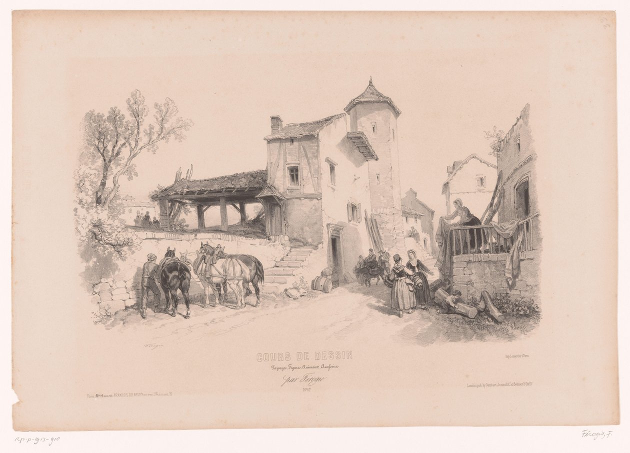 Rua da aldeia com cavalos e várias figuras
Curso de desenho com estudos de paisagens, animais e detalhes (título da série)
Cours de dessin. Paga, figuras, animaux, acessórios, par Férogio (título da série sobre o objecto) de Fortuné Ferogio