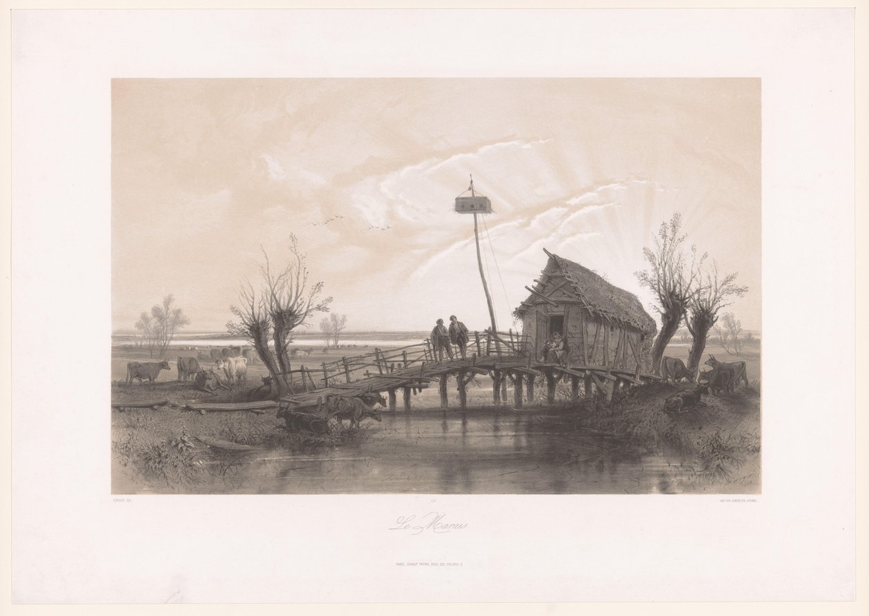 Paisagem pantanosa com vacas e figuras perto de uma casa com ponte
Le Marais (título sobre o objecto) de Fortuné Ferogio