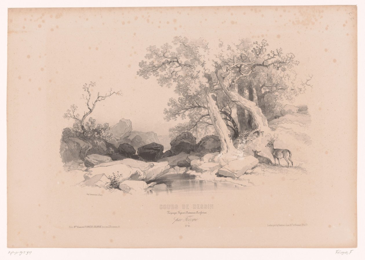 Paisagem rochosa com água e dois veados Curso de desenho com estudos de paisagens, animais e detalhes (título da série) Curso o projeto. Paysages, figures, animaux, acessórios, par Férogio (título da série no objeto) de Fortuné Ferogio