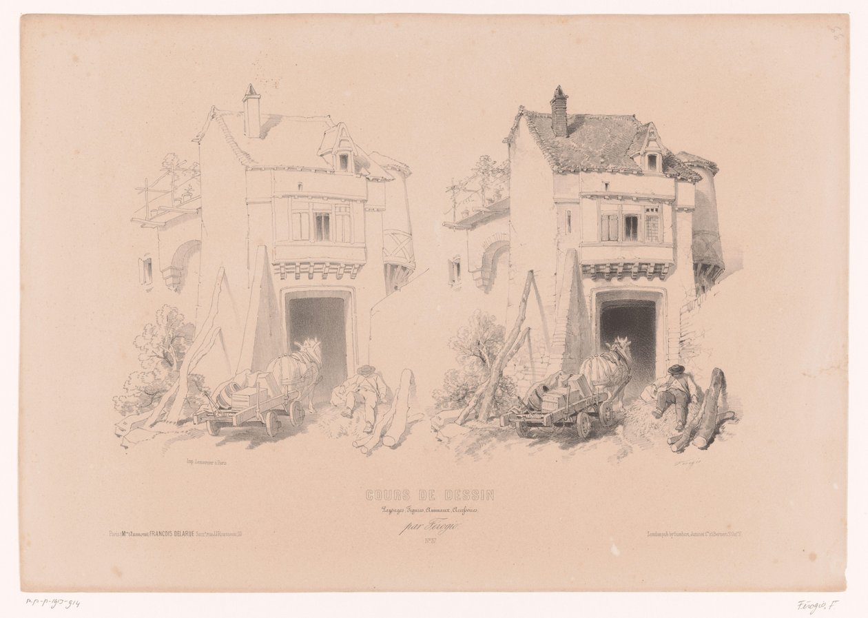 O cargueiro com cavalo e carroça descansa num portão
Curso de desenho com estudos de paisagens, animais e detalhes (título da série)
Cours de dessin. Paga, figuras, animaux, acessórios, par Férogio (título da série sobre o objecto) de Fortuné Ferogio