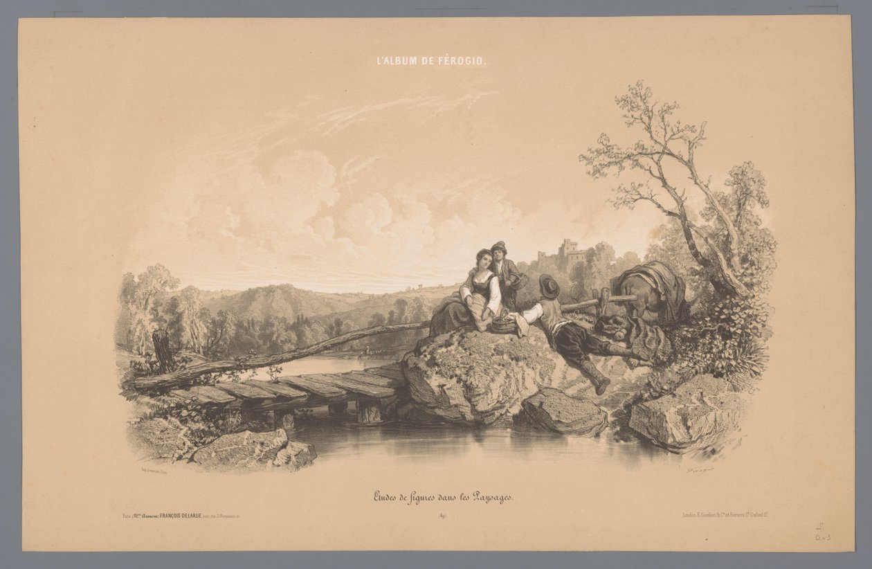 Mulher com dois meninos por um lago com um castelo Estudos de figuras em uma paisagem (título da série) L