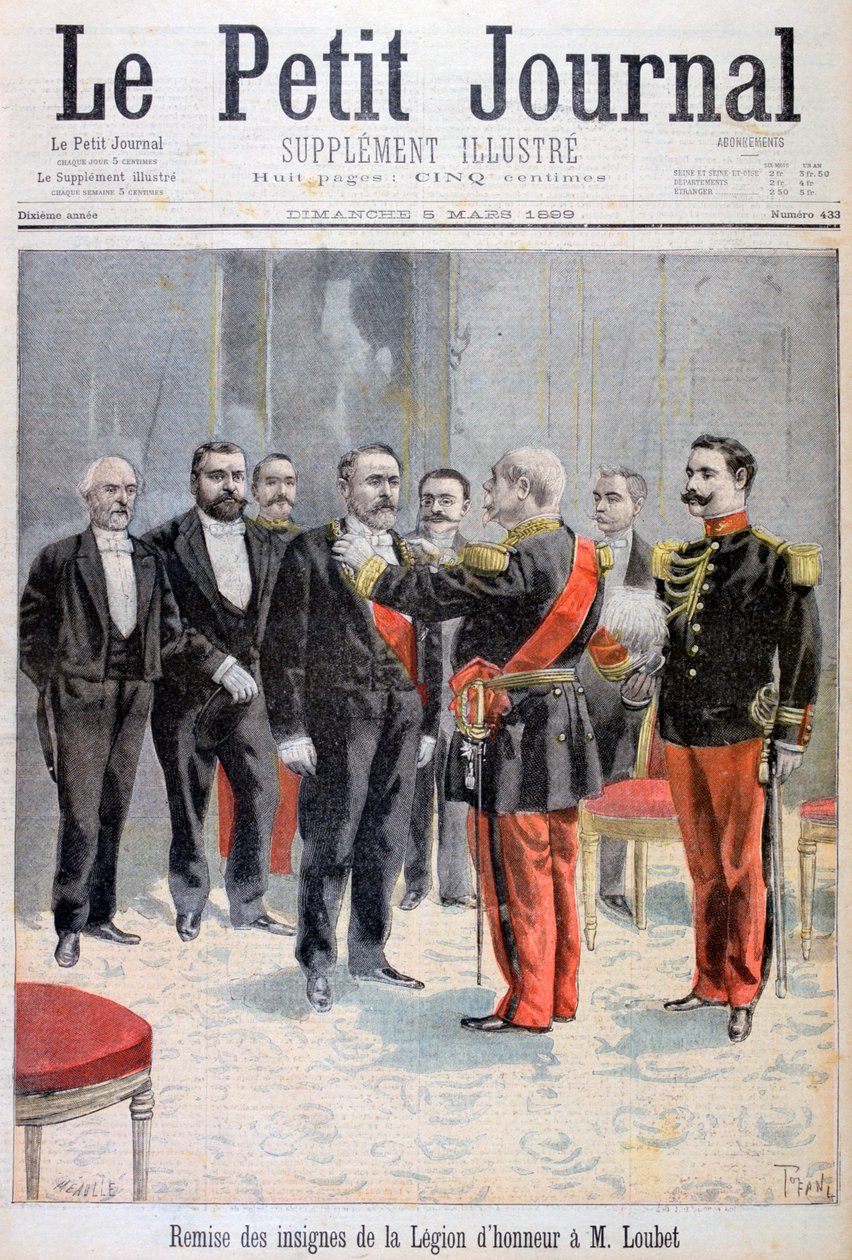Recebendo a medalha da Legião de Honra por Emile Loubet, Paris, 1899 de Fortuné Méaulle