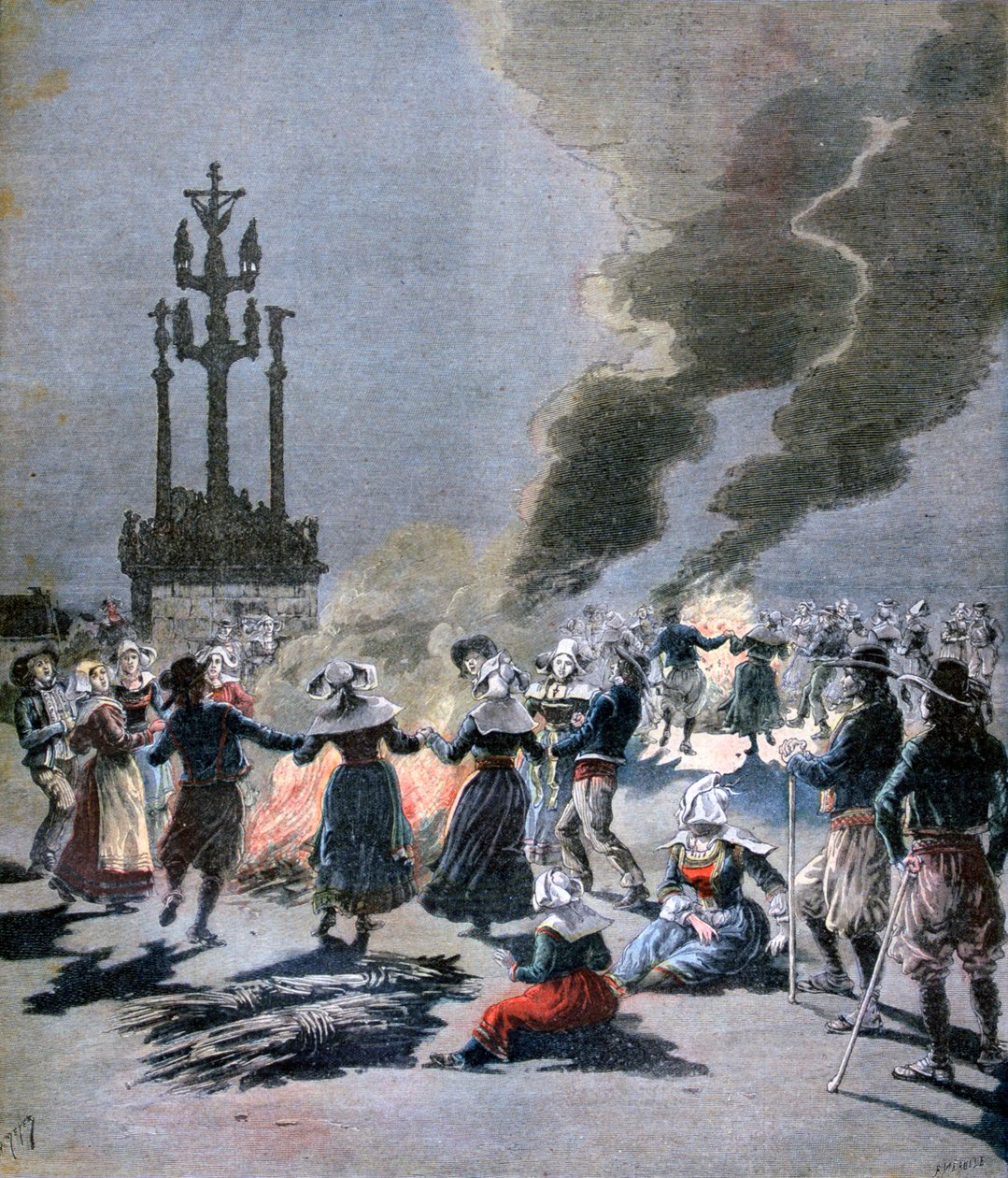 Fogueiras acesas para celebrar o solstício de verão na Bretanha, 1893 de Fortuné Méaulle
