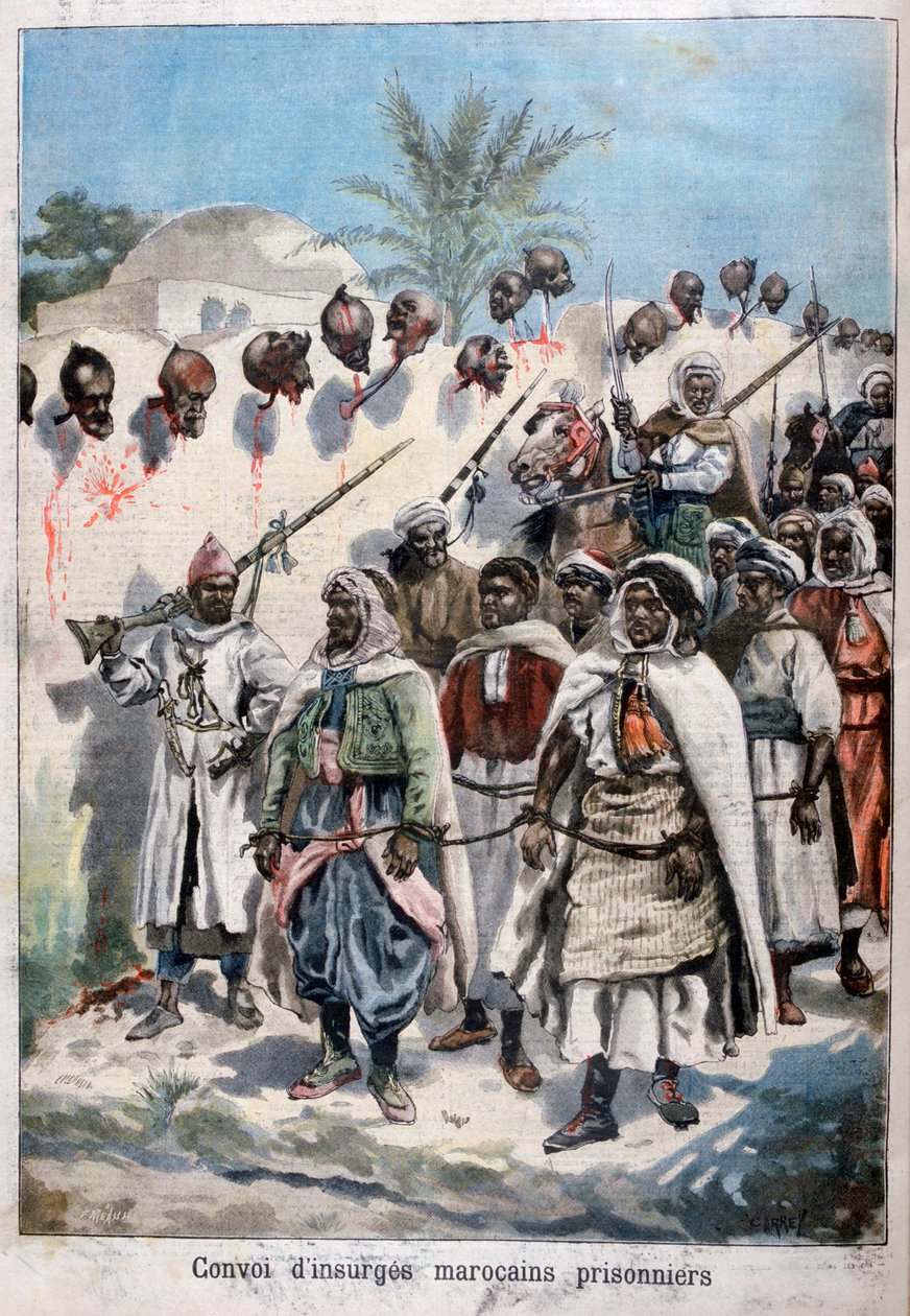 Coluna de marroquinos insurgentes presos em Tadla pelo exército do sultão Abdul-Hafizs, 1897. de Fortuné Méaulle