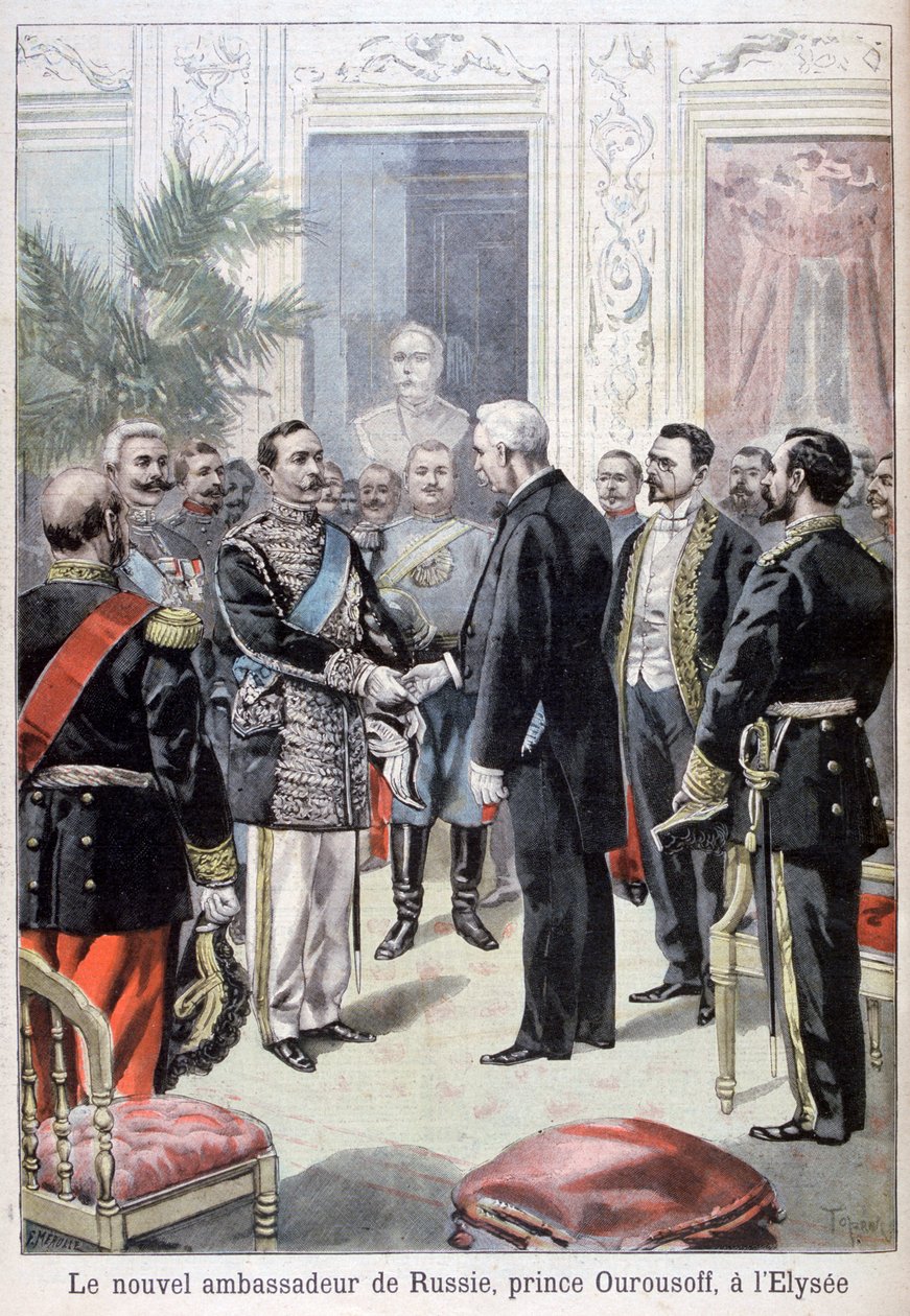 Príncipe Ourousoff, embaixador da Rússia, encontrando Félix Faure, 1898 de Fortuné Méaulle