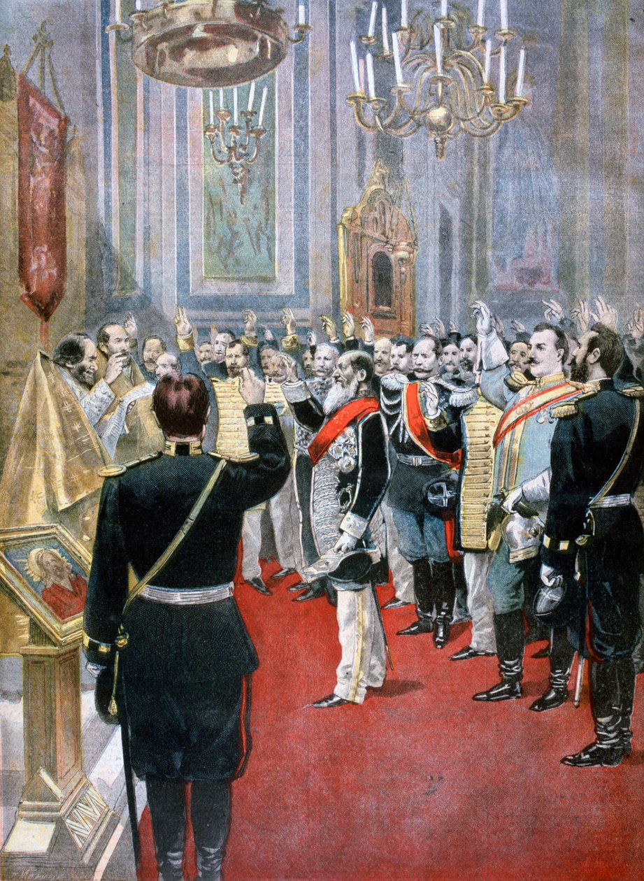 Prestando juramento de fidelidade ao czar Nicolau II, igreja russa em Paris, 1894 de Fortuné Méaulle