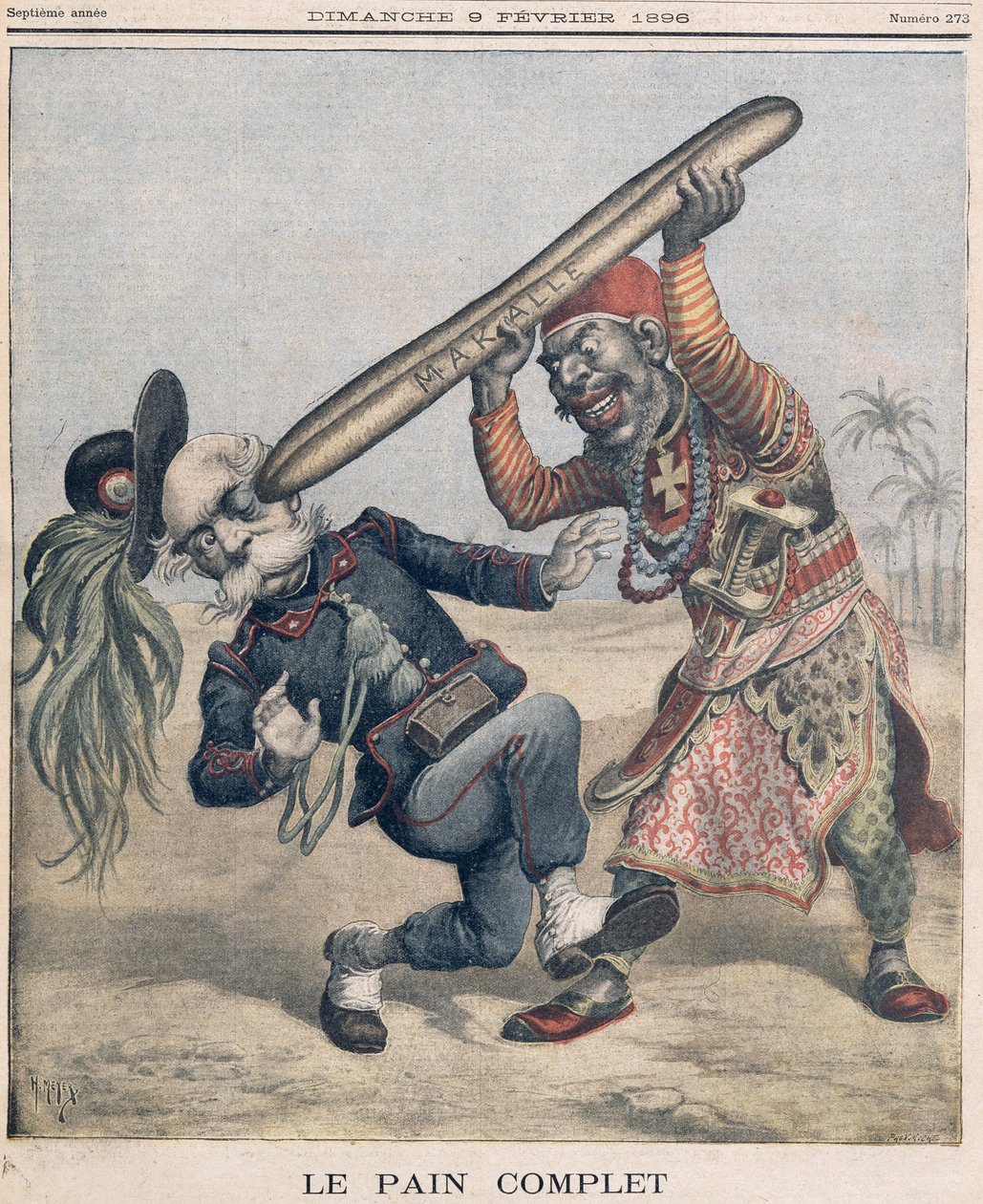 Caricatura de Francesco Crispi (1818-1901) e a derrota do exército invasor italiano no cerco de Makalle, Etiópia. capa do &39;Le Petit Journal&39;, 9 de fevereiro de 1896 de Fortune Louis Meaulle and Henri Meyer